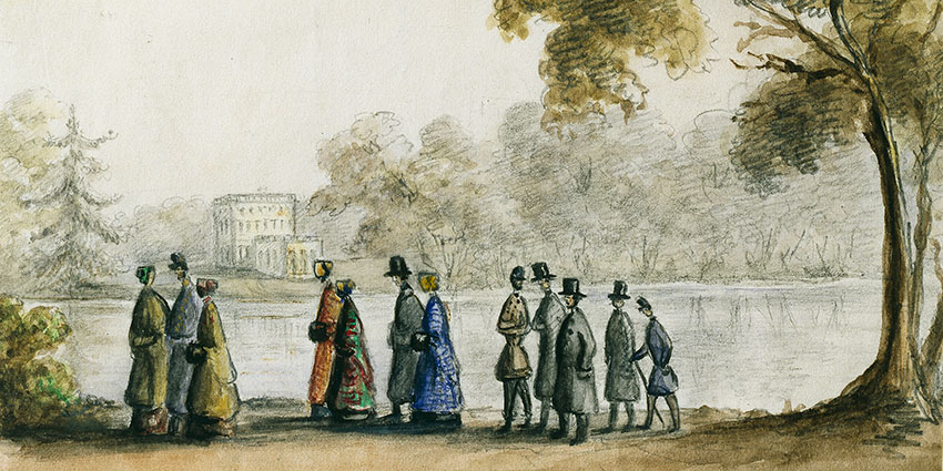 En akvarell av prinsessan Eugenie som visar en höstpromenad i Hagaparken 1849